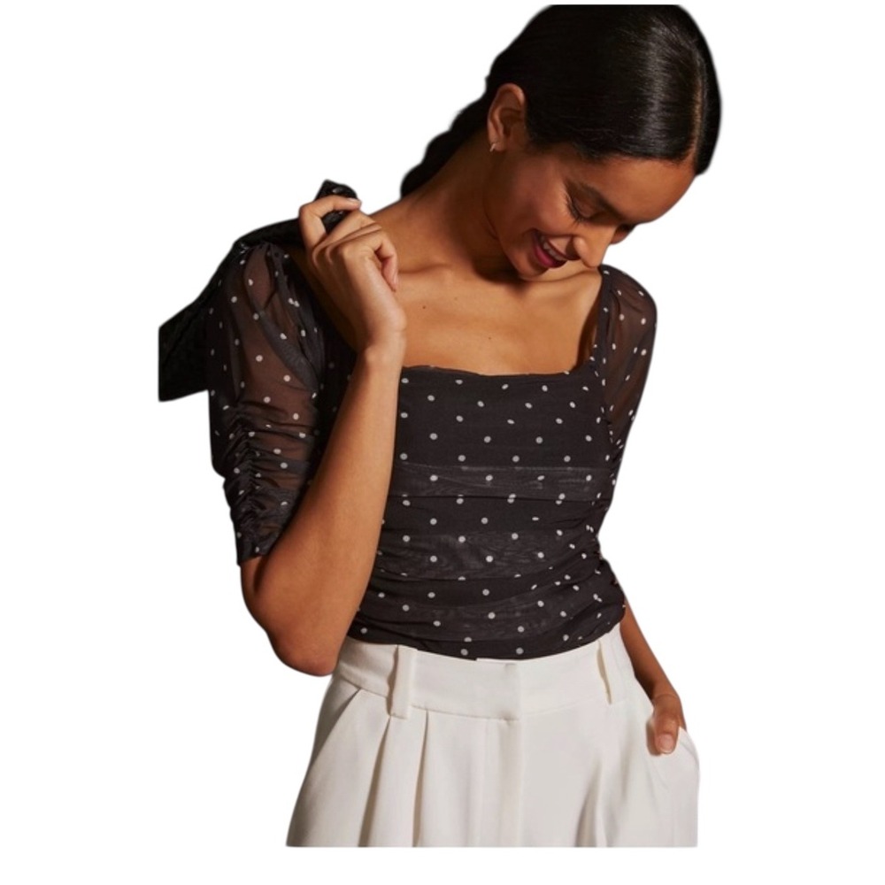 Anthropologie Polka Dot Mesh Top Ruched Square Neck‎ Blouse XS